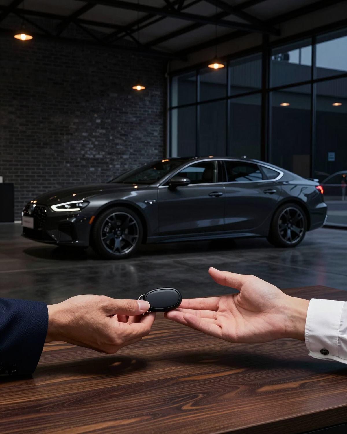 One hand passing a plain black key fob to another over a walnut desk, a dark saloon in the showroom behind