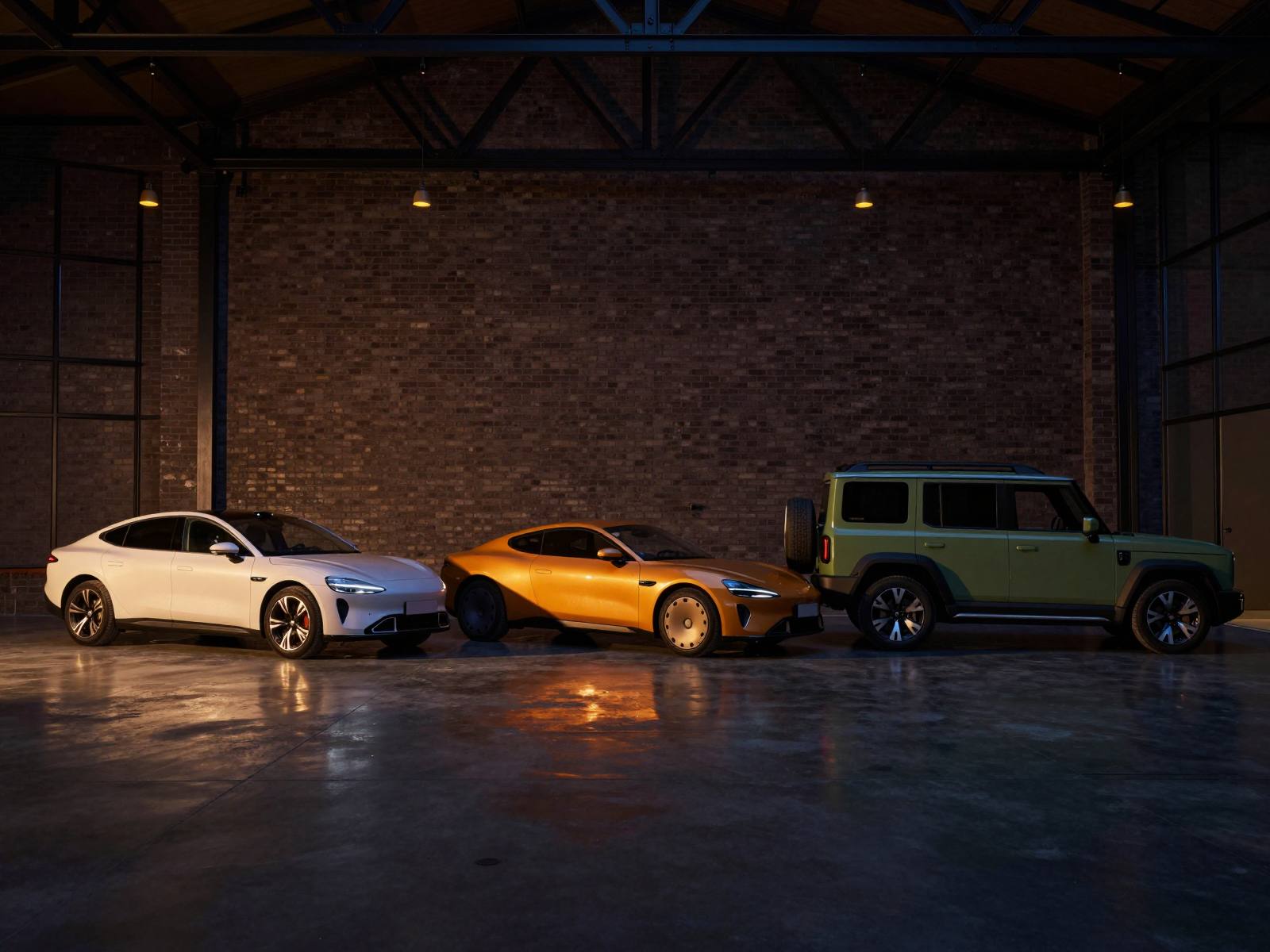 The showroom in a converted tram depot: a white saloon, an amber coupé and a green SUV side by side on a polished dark floor, under iron roof trusses and warm pendant lights