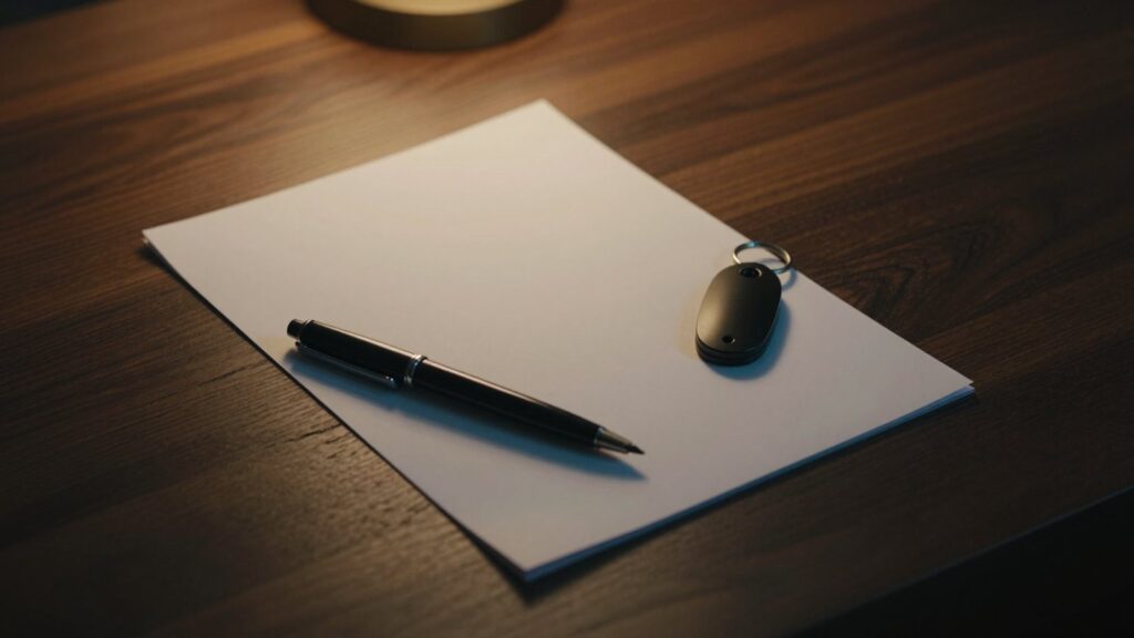 A blank sheet of paper, a black pen and a car key fob on a walnut desk