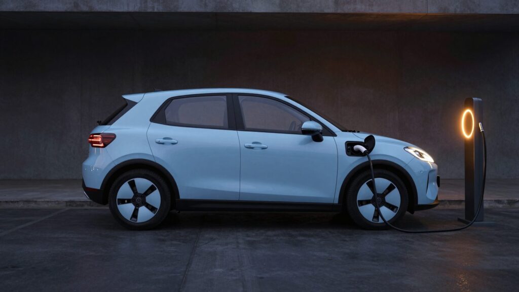 Ice blue electric hatchback seen from the side, charging from a slim post in a covered bay at dusk