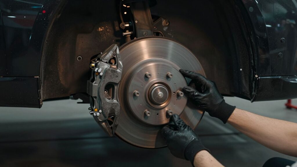 Gloved hands checking the brake disc of a car with its front wheel removed