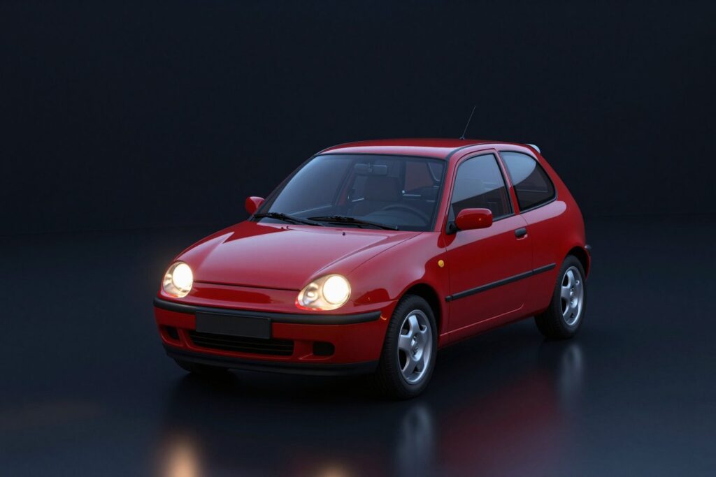Cherry red small hatchback with round-cornered headlights, in a dark showroom