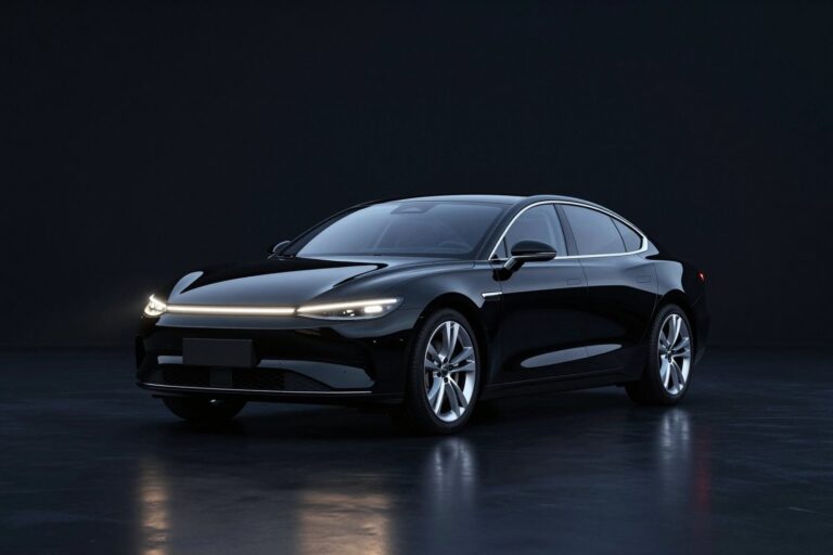 Midnight black executive saloon with slim headlights joined by a light strip, in a dark showroom