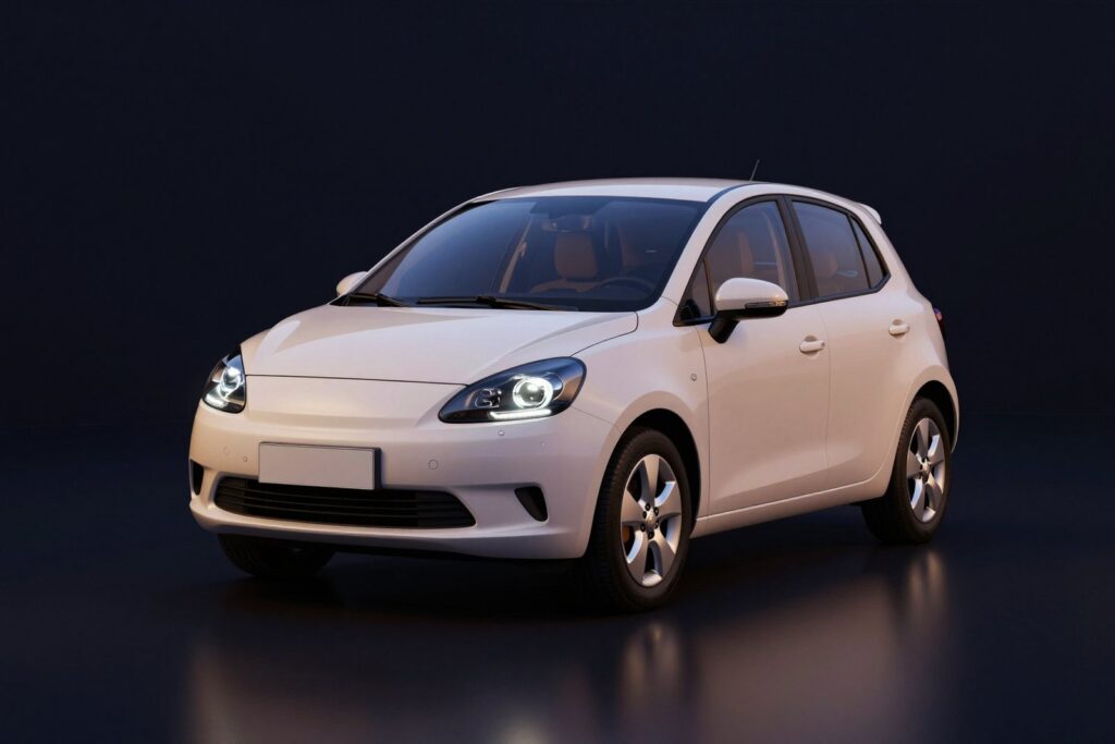 Pearl white five-door city hatchback with soft oval headlights, in a dark showroom