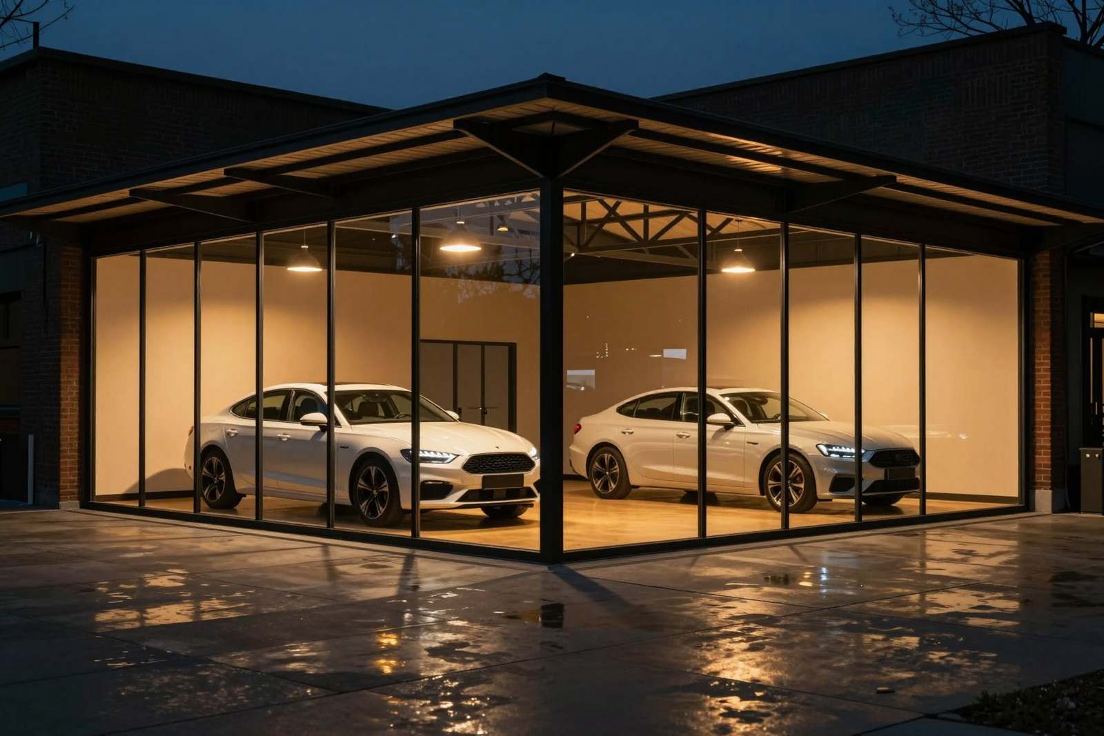 The tall glass front of the showroom glowing amber at night, two white saloons visible inside, seen from the wet forecourt