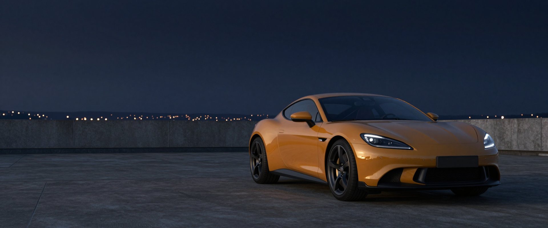 A sunset amber sports coupé on a rooftop terrace in the evening, the city lights far below