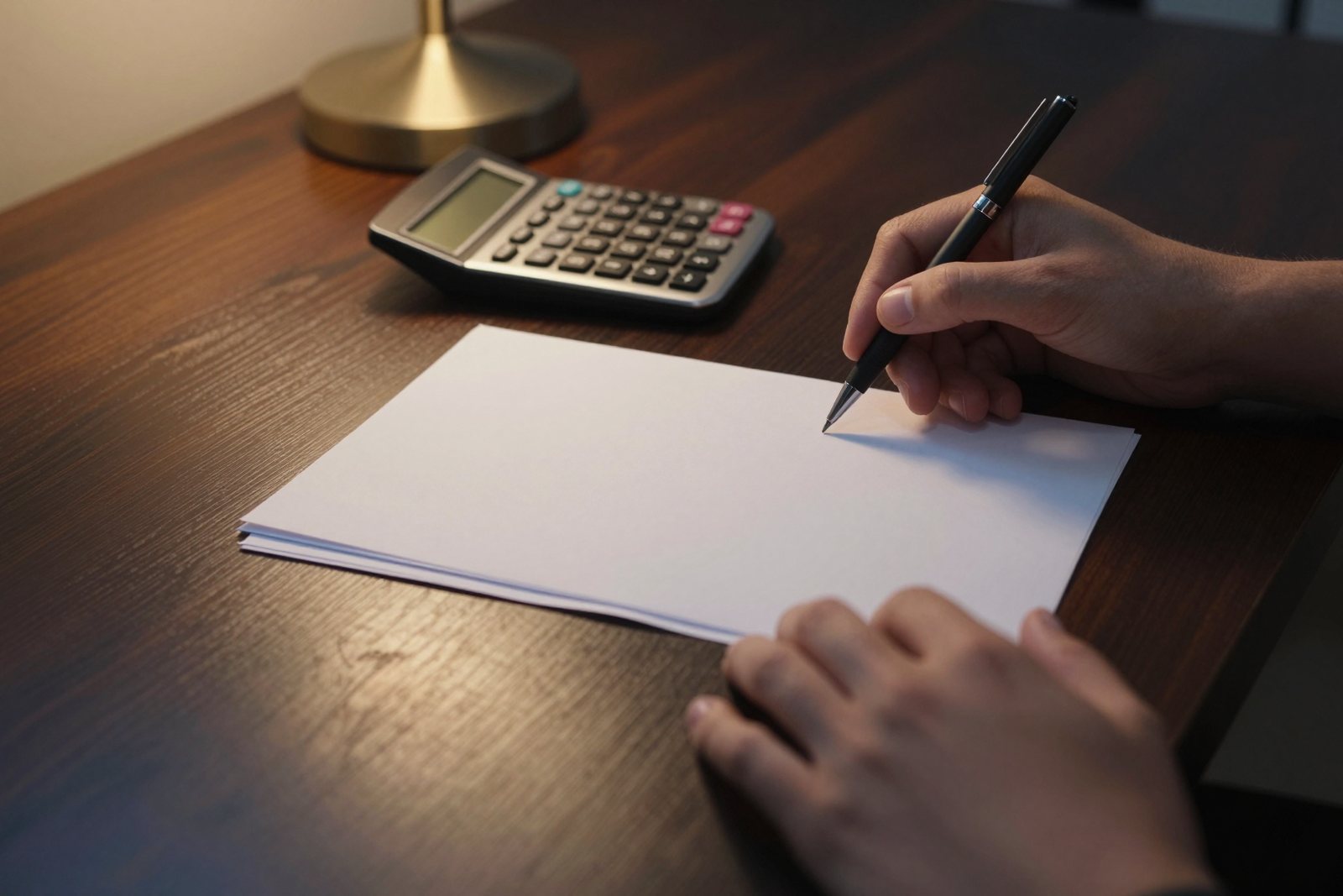 Two hands on a walnut desk, one holding a pen over a few blank sheets of paper, a small calculator at the edge