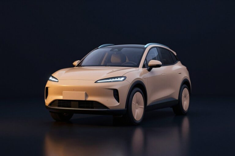 Sand beige compact hybrid SUV with black wheel-arch trims, in a dark showroom