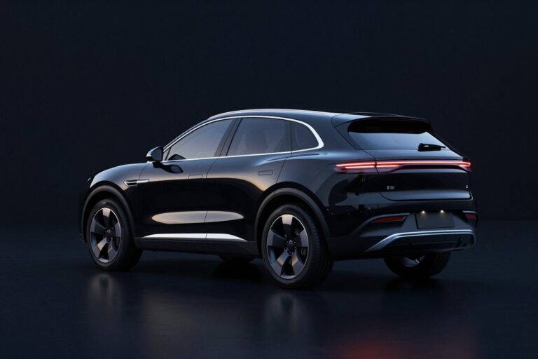 Obsidian black mid-size SUV seen from behind, with a sloping roofline, in a dark showroom