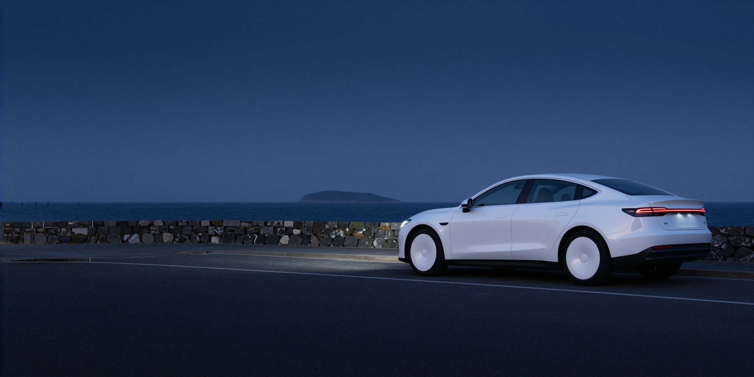 A white four-door saloon seen from behind on an empty coastal road at blue hour, a low dry-stone wall and the calm dark sea beyond, a small island on the horizon