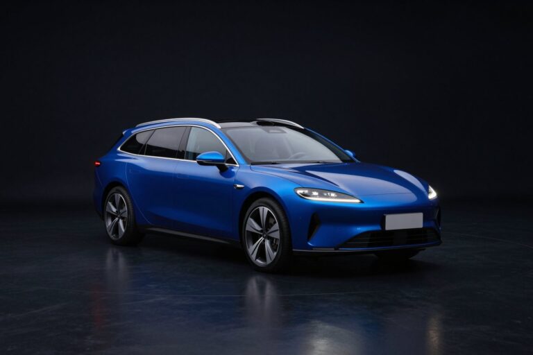 Deep blue hybrid estate car with slim roof rails, in a dark showroom