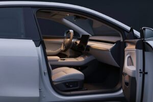Pale stone-grey leather front seats and a light wood dashboard strip, seen through the open door
