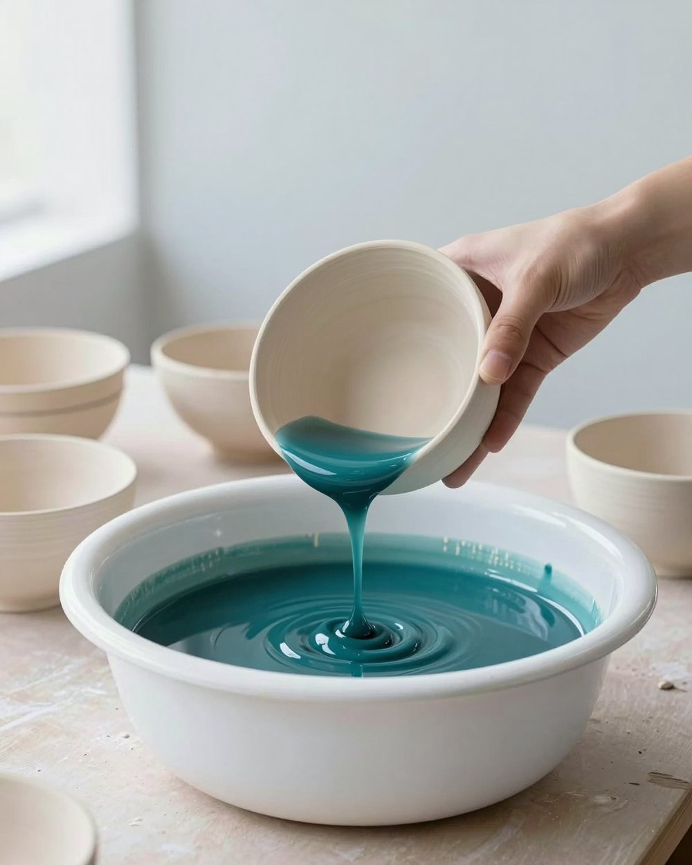 A hand pouring deep teal glaze from a pale stoneware bowl into a white basin, more bowls on the bench