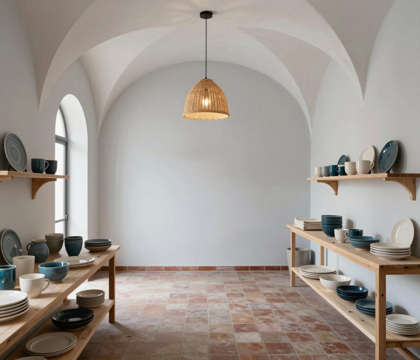 The studio shop inside: oak tables and shelves of handmade stoneware on a terracotta floor, under a vaulted ceiling and a rattan pendant