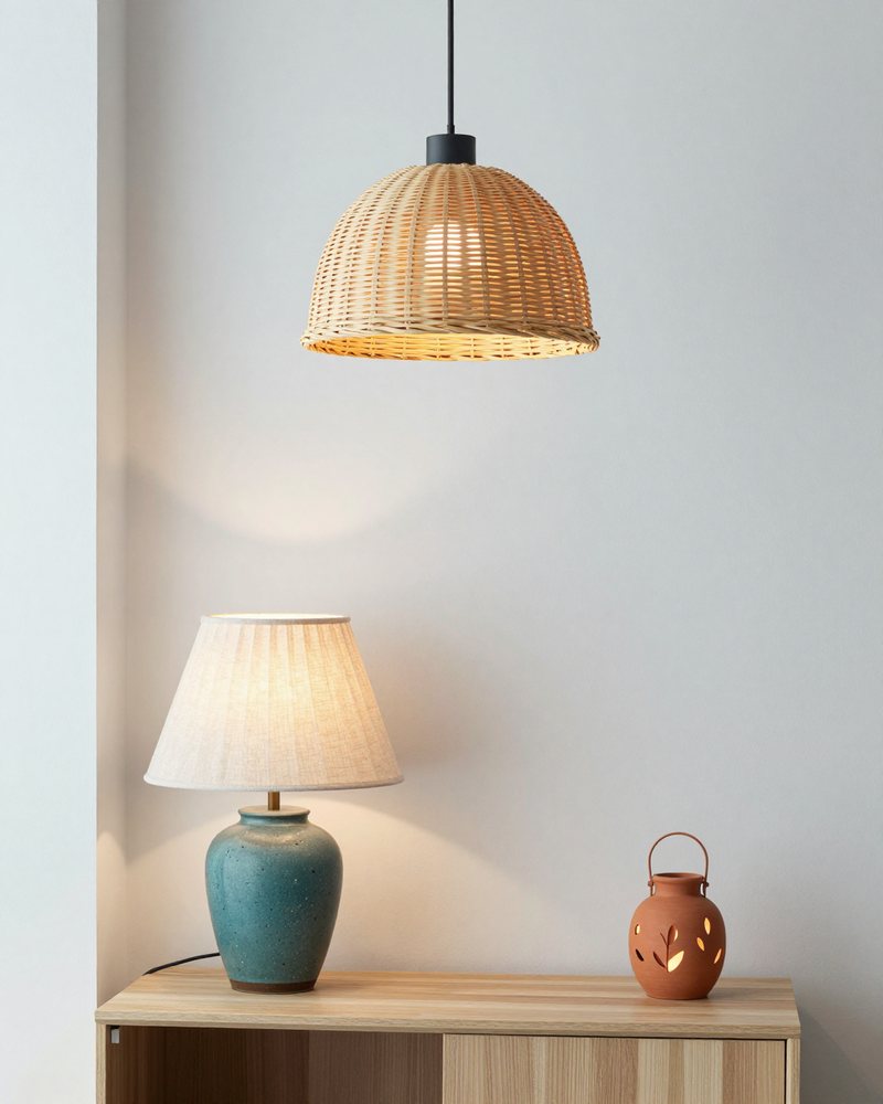 A glowing rattan pendant, a teal stoneware table lamp and a terracotta lantern on an oak sideboard