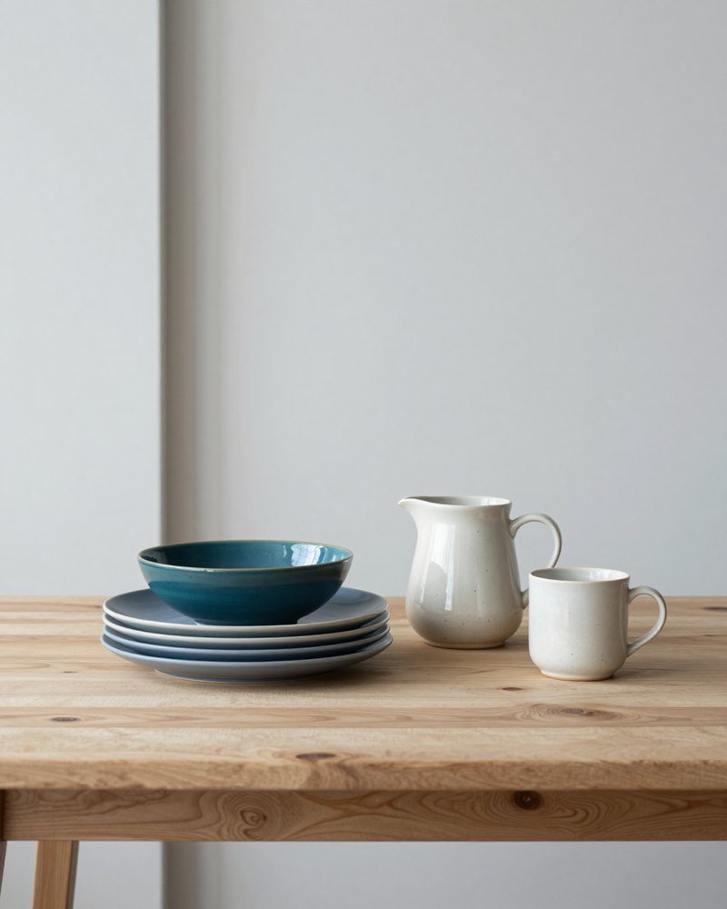 Handmade stoneware plates, a teal serving bowl, a speckled mug and a small jug on a pale oak table