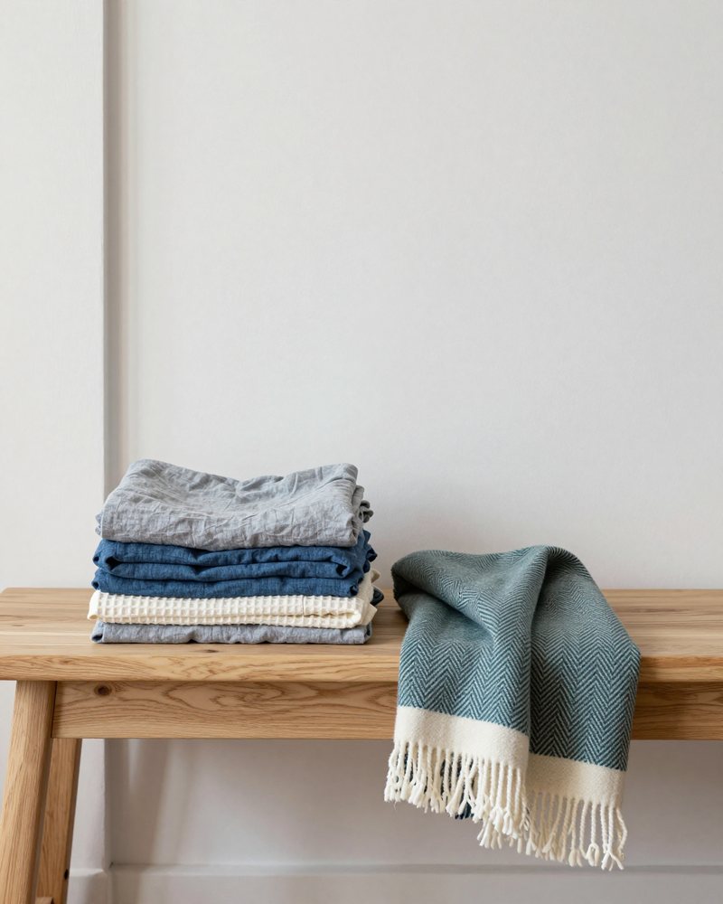 A stack of folded linen with a waffle tea towel, and a teal herringbone wool throw draped over a pale oak bench