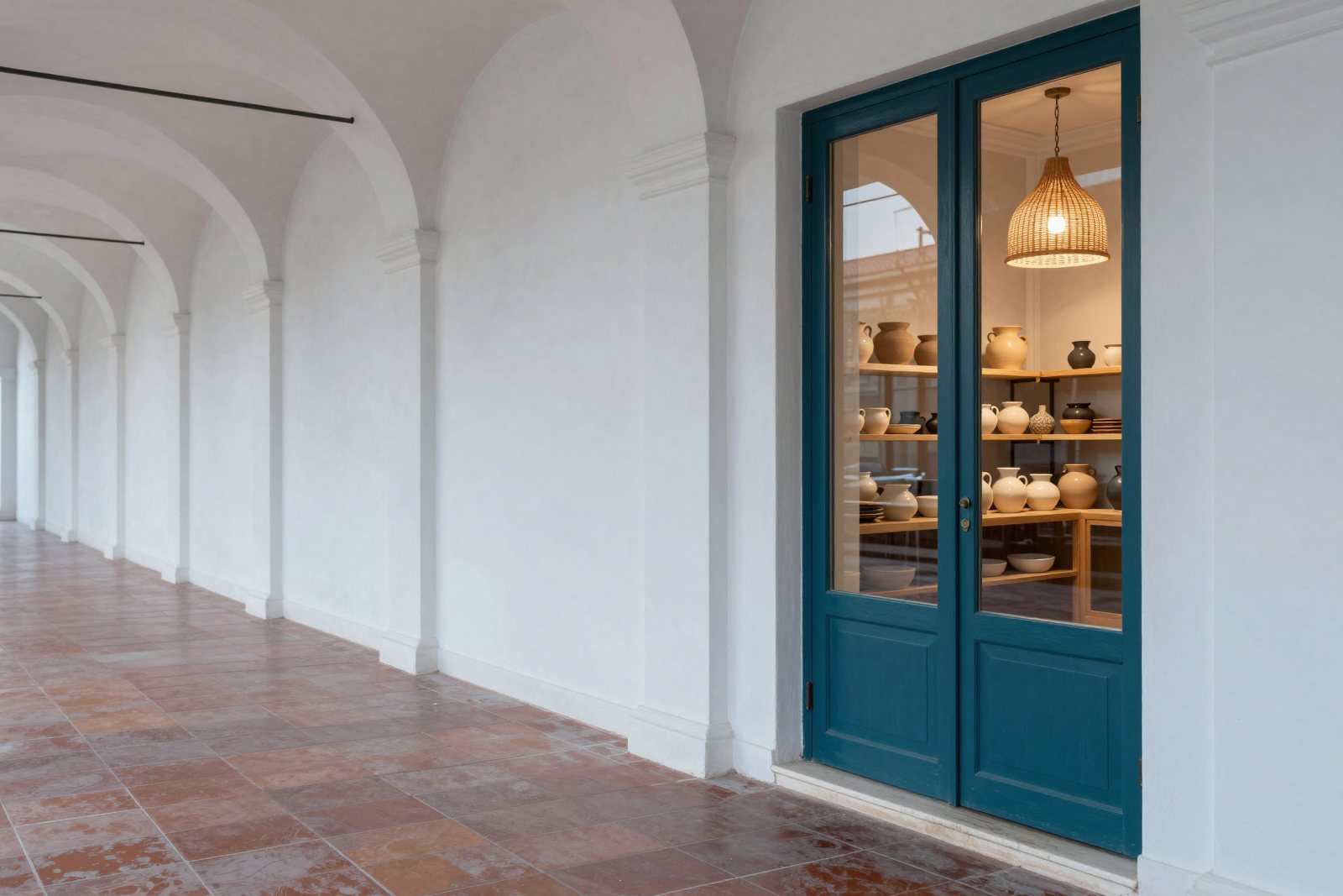 A quiet arcade with a blue-green glazed double door, stoneware on oak shelves and a glowing rattan lamp seen through the glass