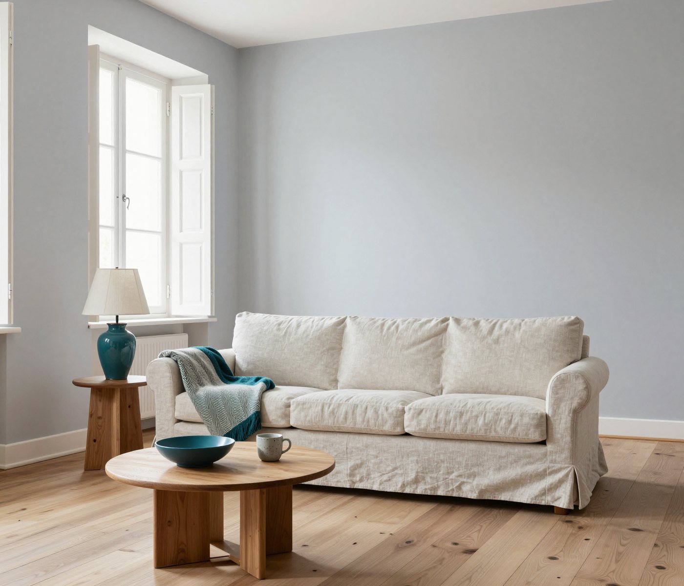 A calm living room with a linen sofa, a wool throw, a teal table lamp, and a bowl and a mug on a round oak table