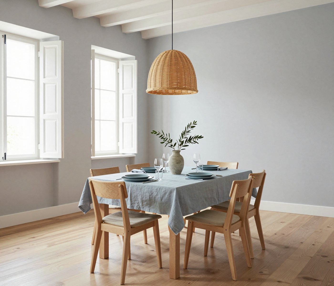A dining table laid with a pale blue linen cloth and blue-grey stoneware plates, oak chairs around it, under a woven rattan pendant
