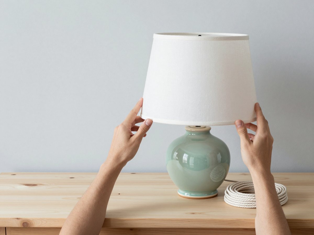 Two hands fitting a smooth off-white linen drum shade onto a round pale sea-green stoneware lamp base, a coil of cable beside it