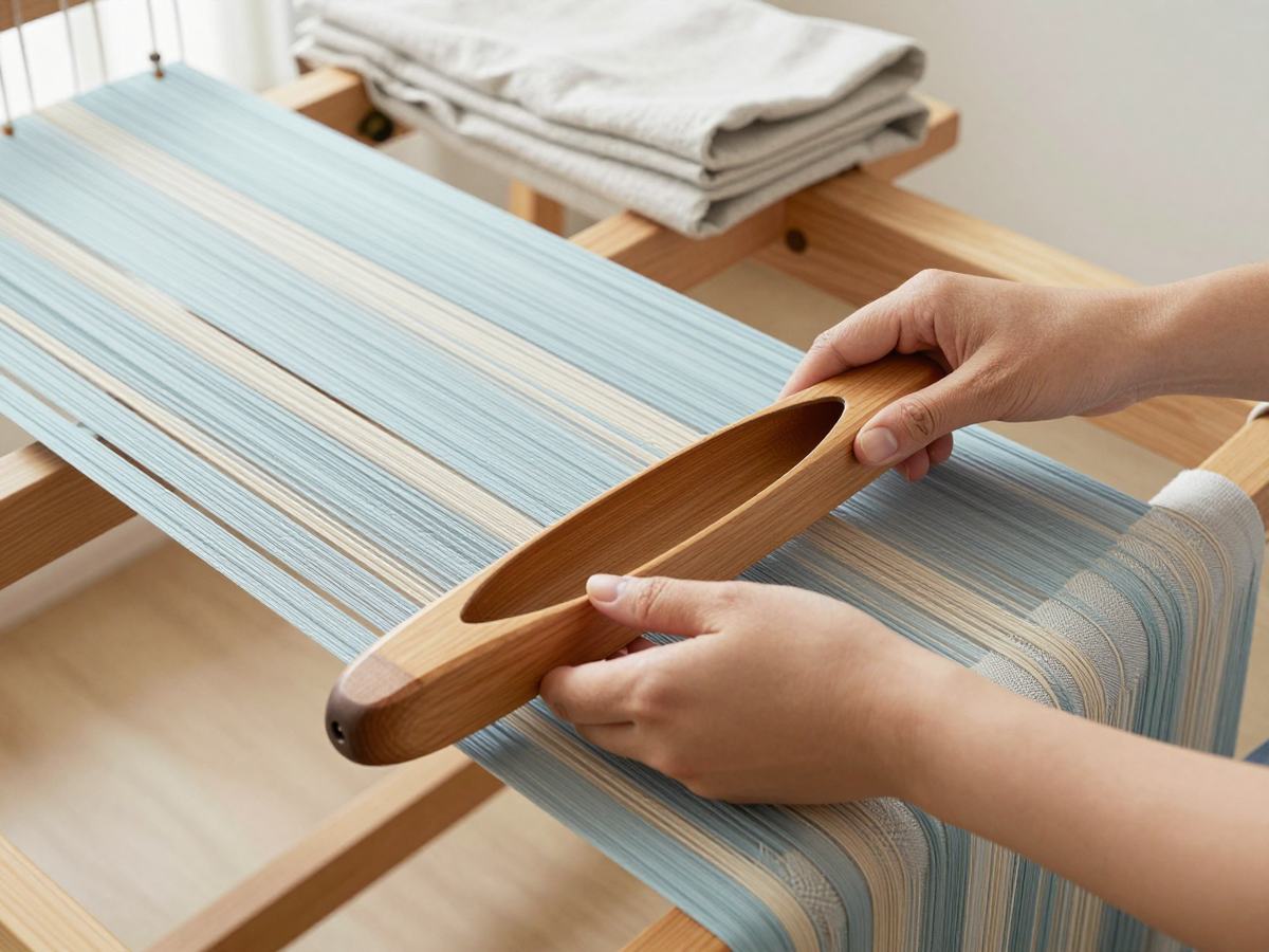 Two hands passing a wooden shuttle through pale blue and natural linen threads on a floor loom