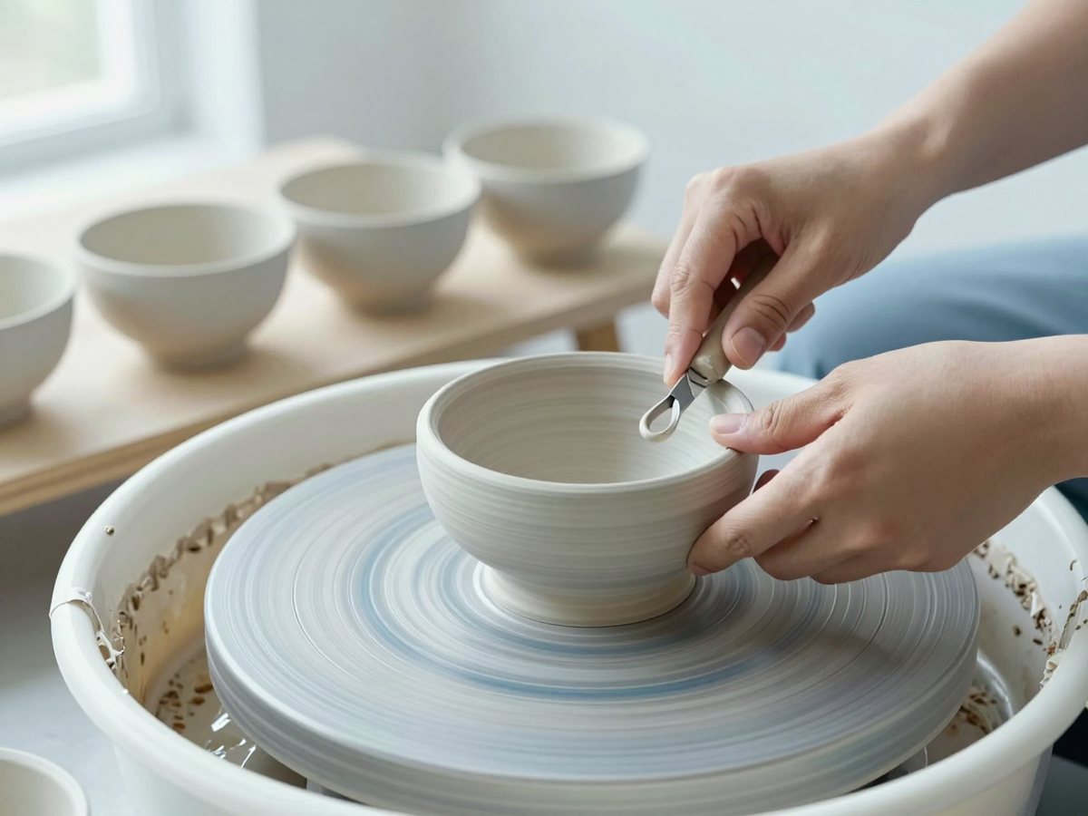 Two hands trimming the rim of a pale stoneware bowl with a loop tool on a potter's wheel