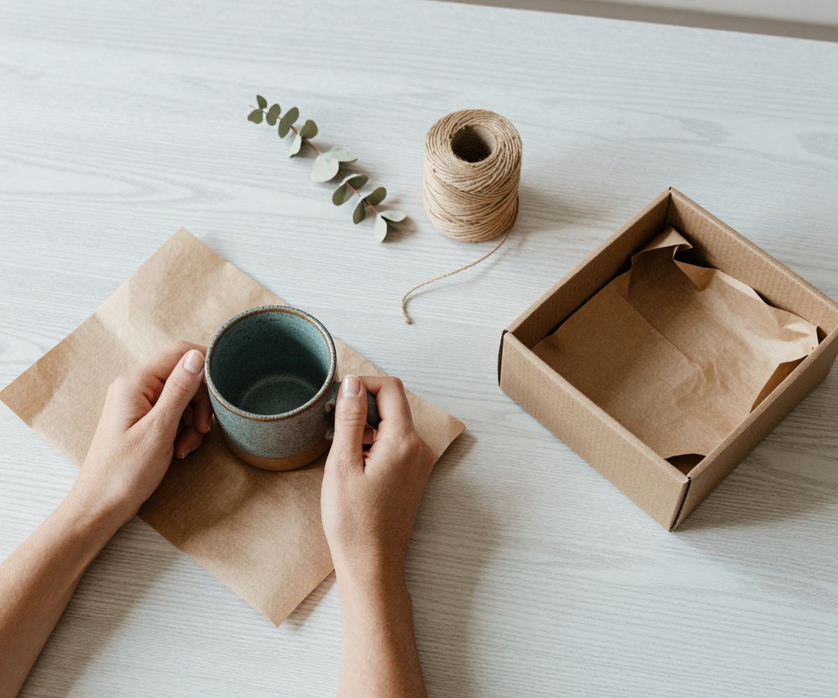 Two hands setting a speckled stoneware mug on brown wrapping paper beside a paper-lined box, twine and eucalyptus