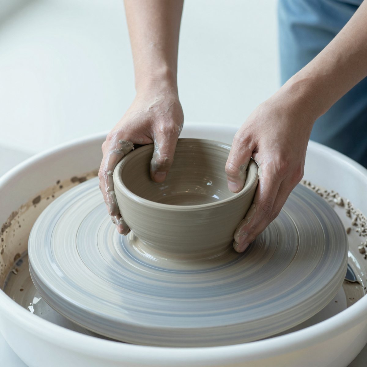 Two hands shaping a wet clay bowl on a turning potter's wheel
