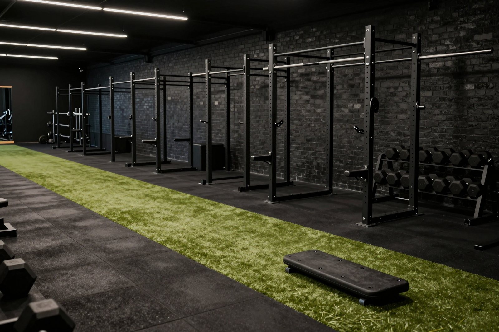 A long row of black squat racks beside a turf lane and a brick wall