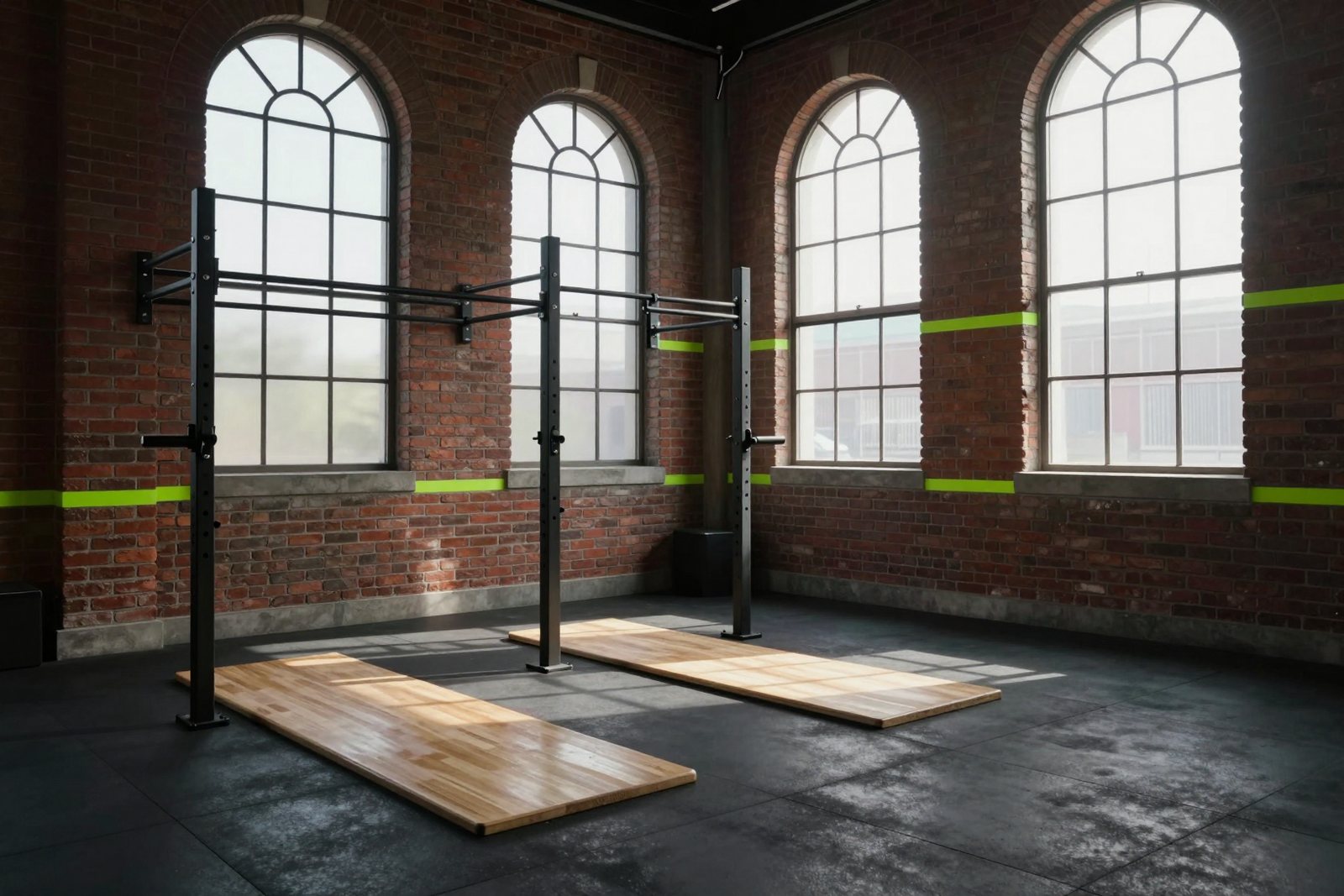 An old brick factory hall with arched windows, converted into a gym