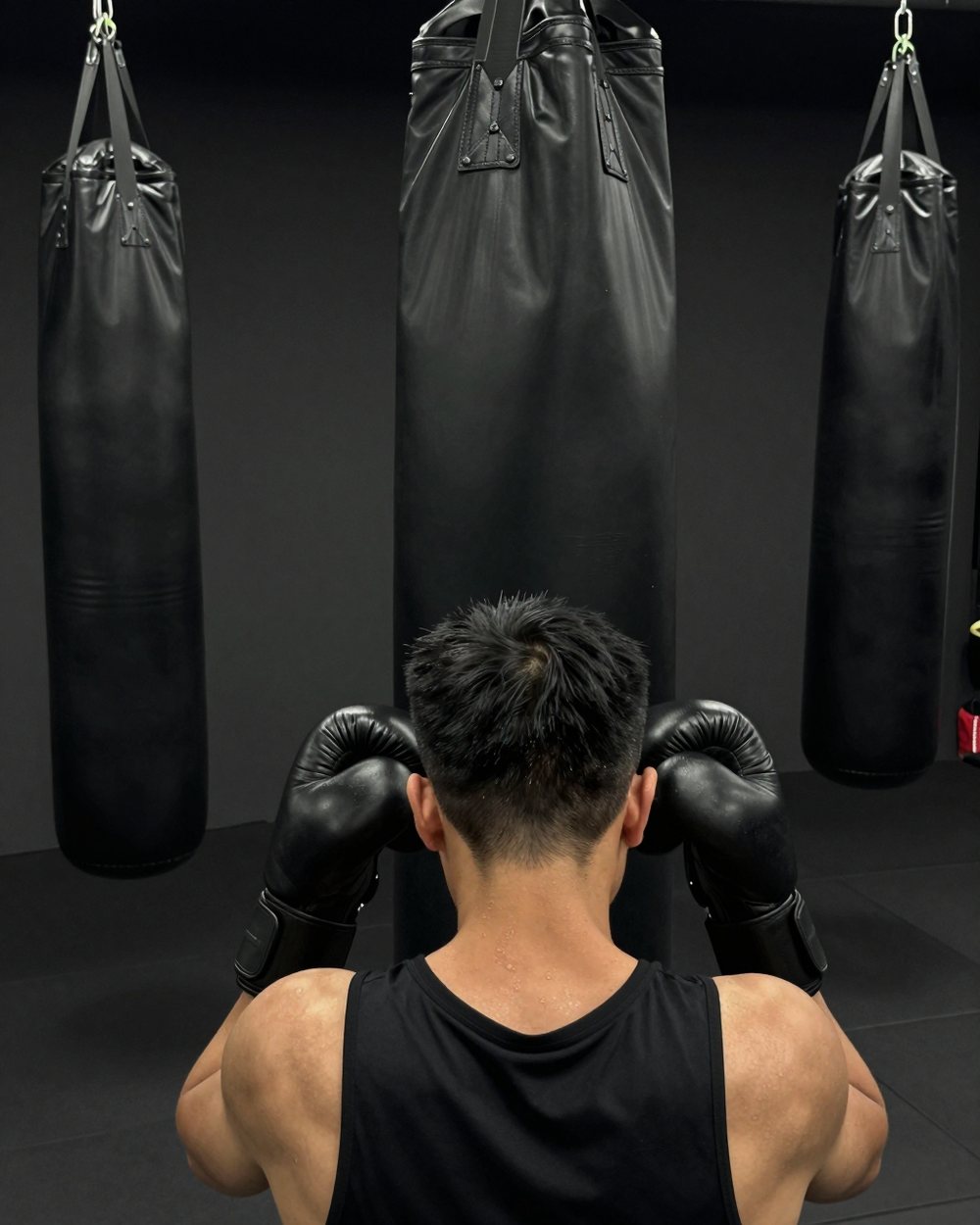 A boxer in black gloves striking a heavy bag