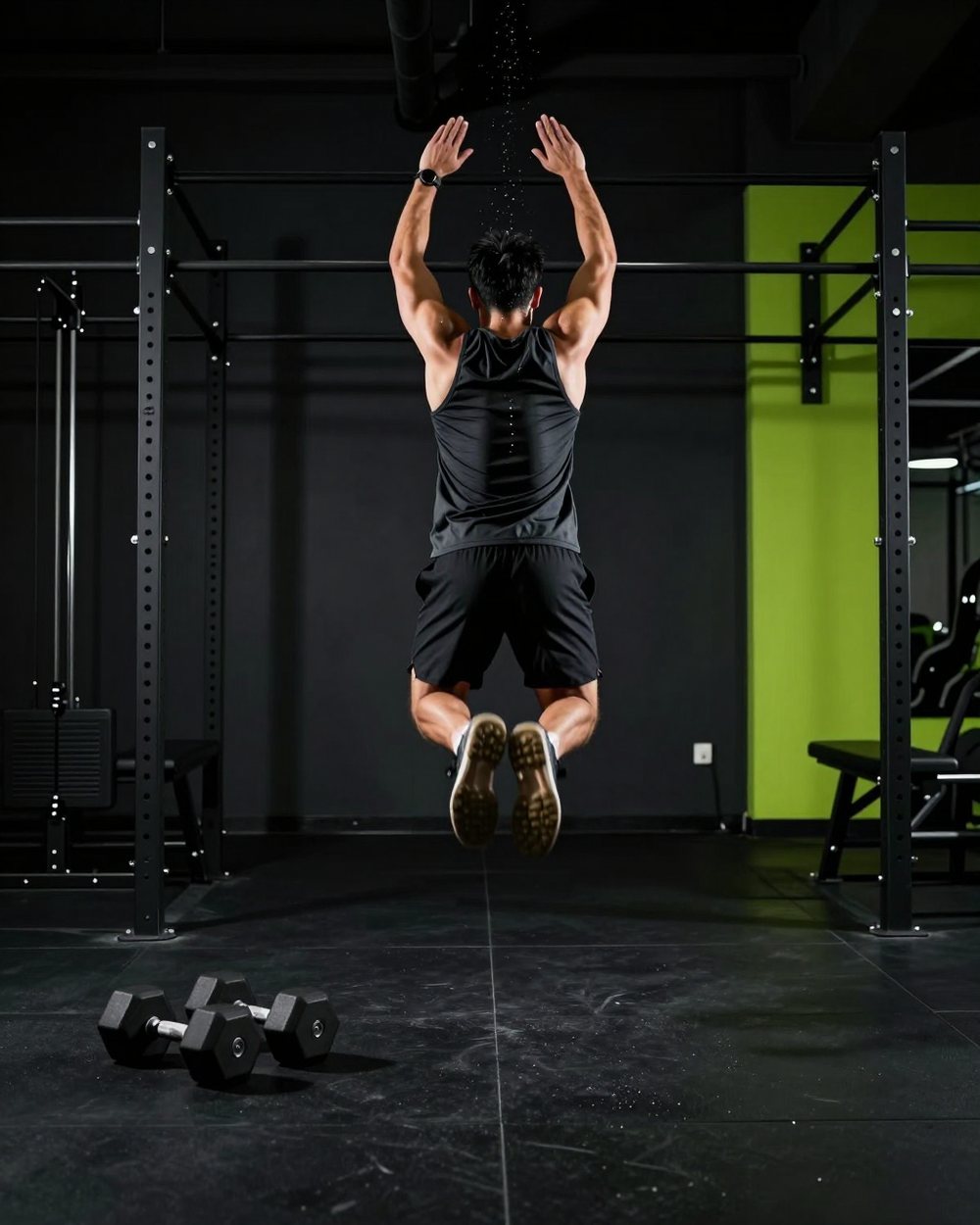 An athlete jumping out of a burpee with arms raised
