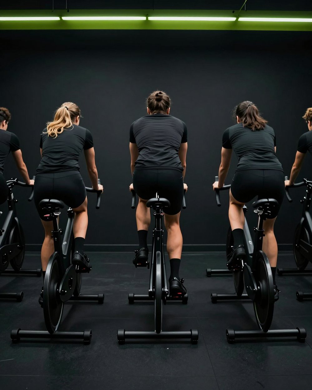 Riders standing on the pedals in a dark cycling studio