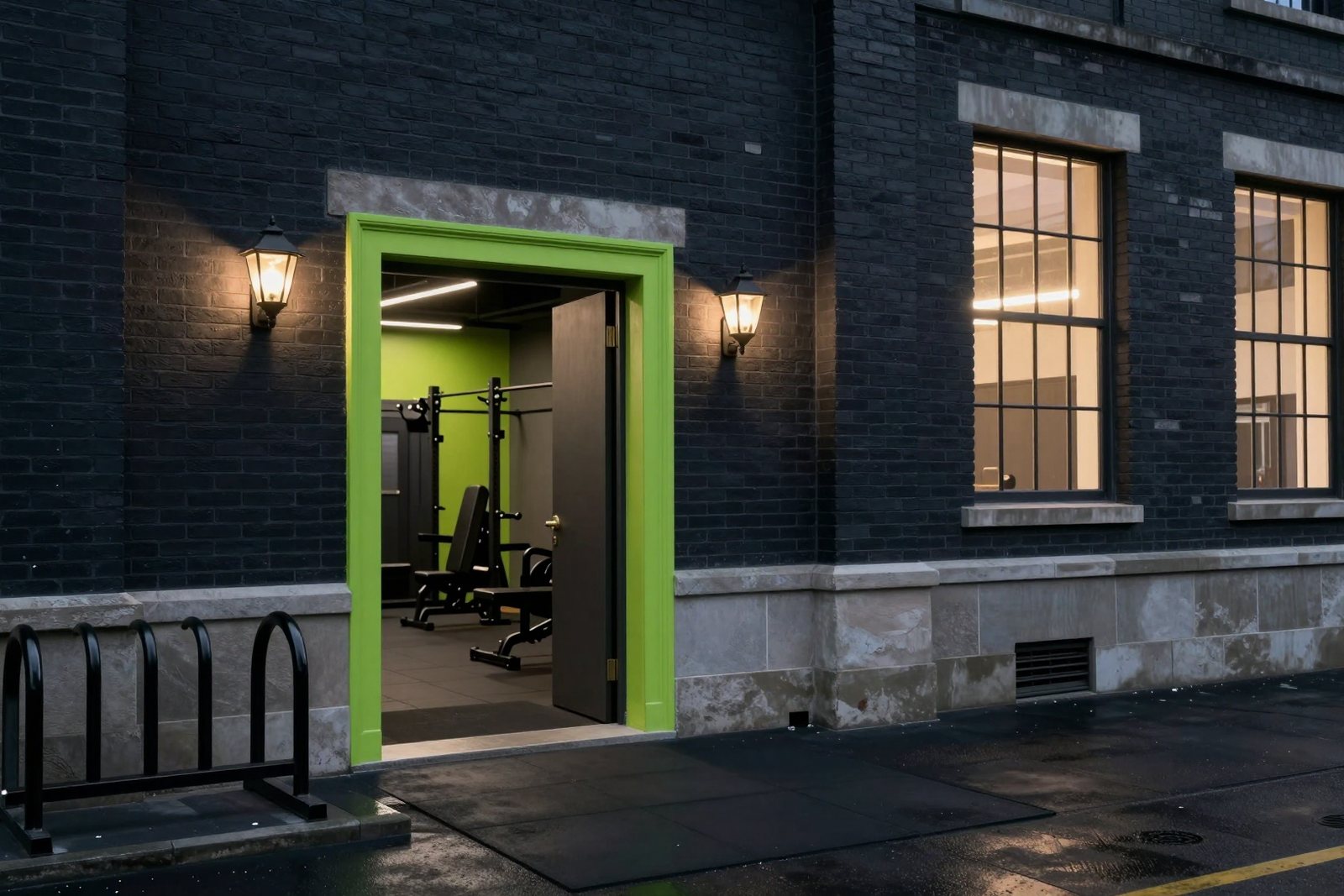 The gym entrance at dusk, a tall steel door with a lime-green frame in a brick facade