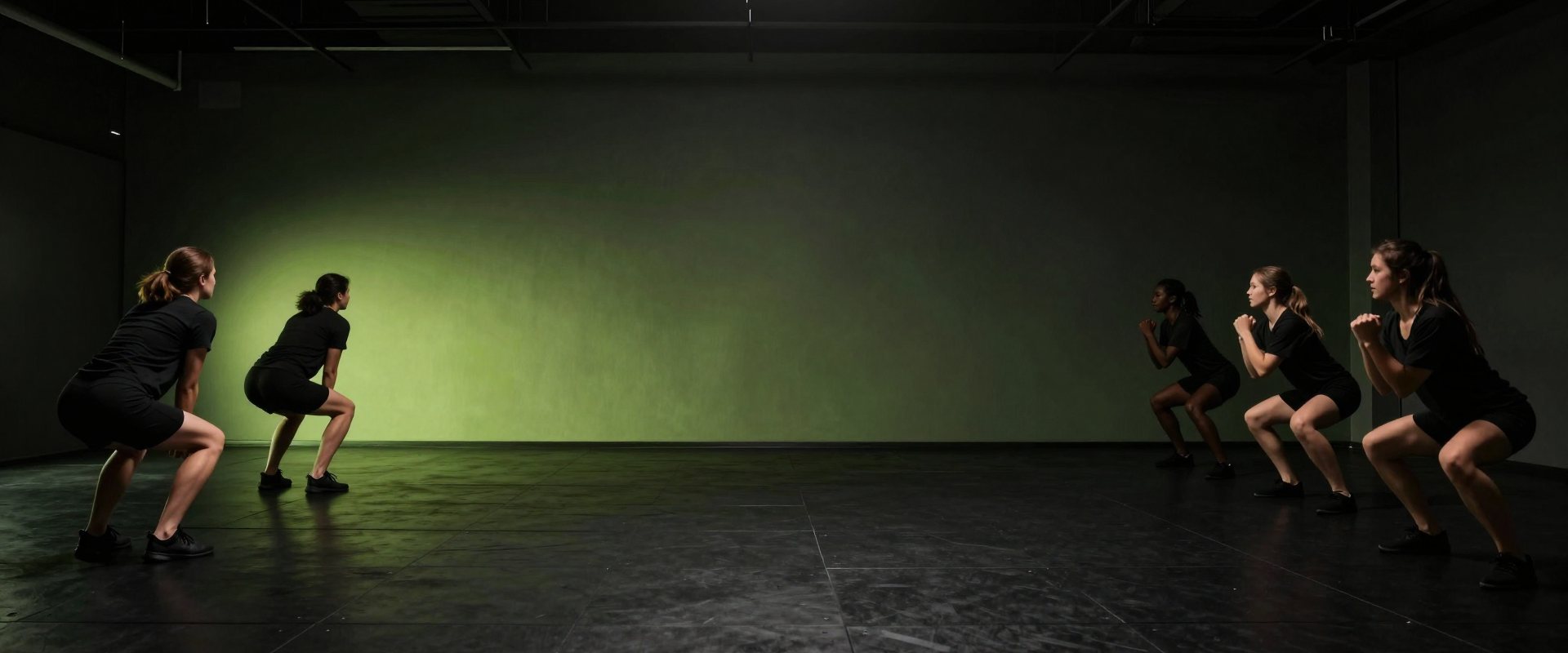 A small coached group mid jump squat in a dark studio