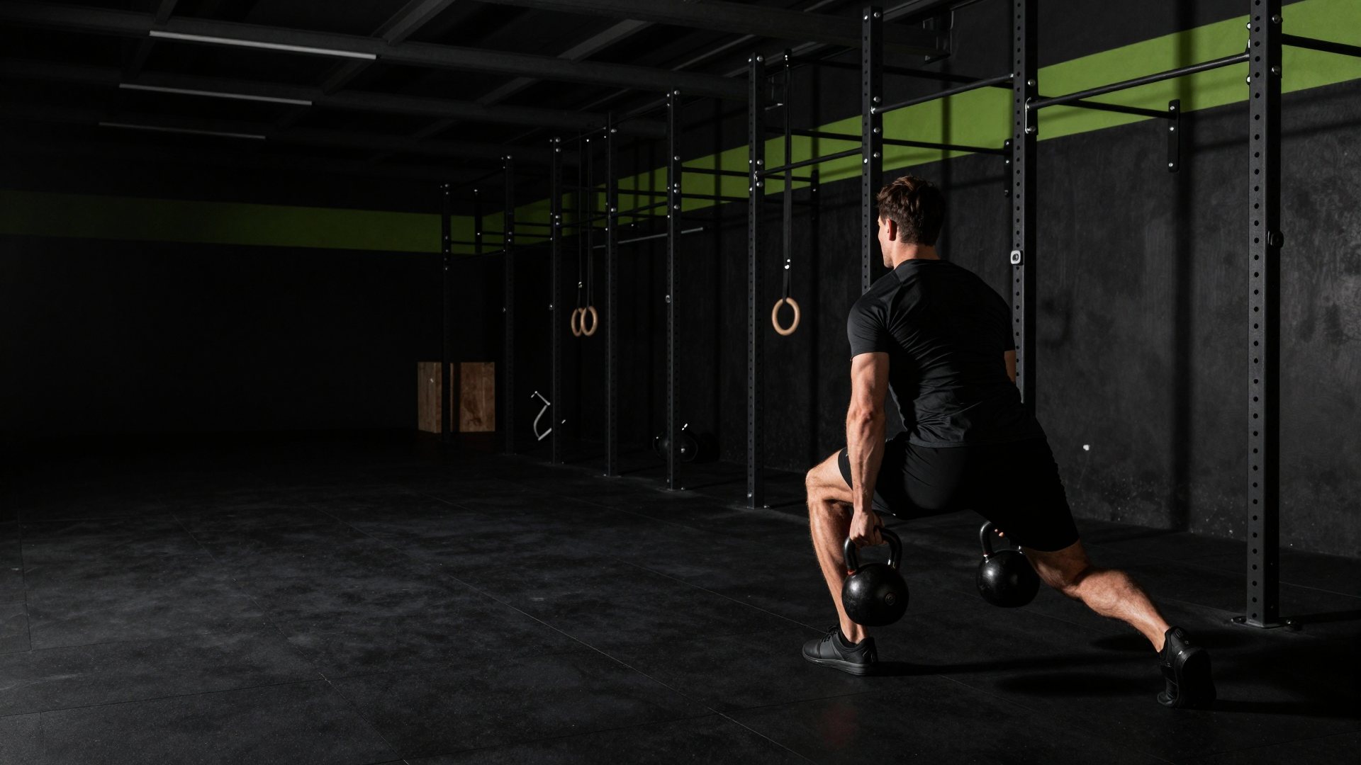 An athlete in a deep lunge with two kettlebells on a dark gym floor