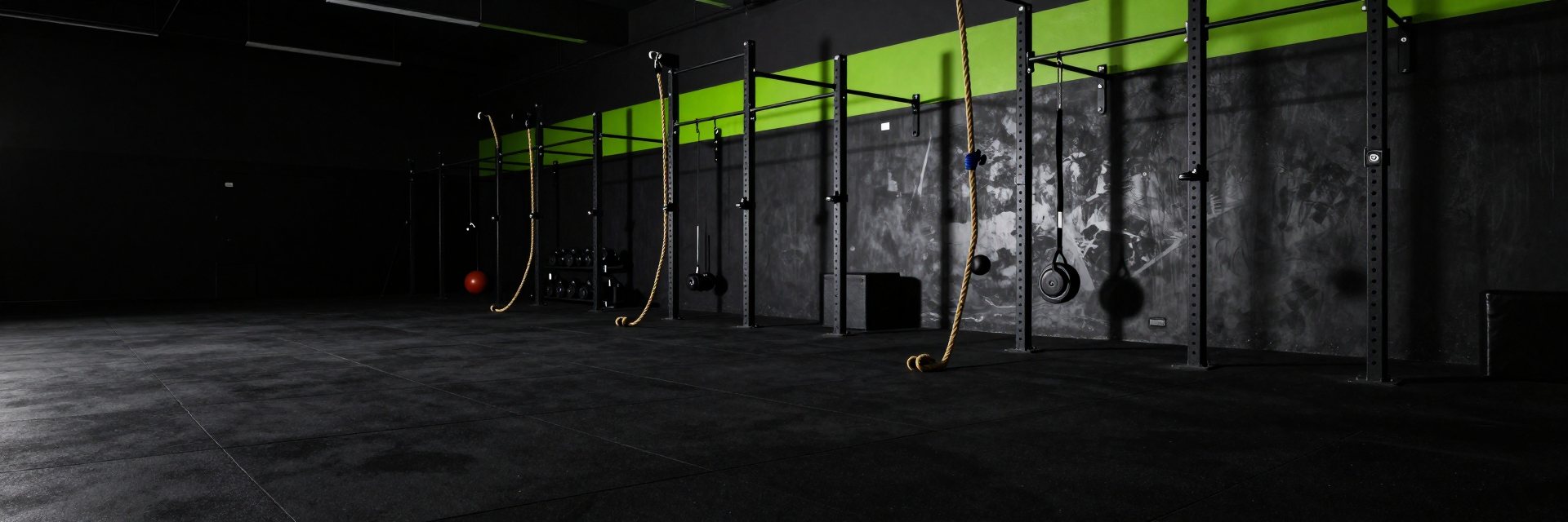 A dark gym floor with racks and climbing ropes under lime light strips