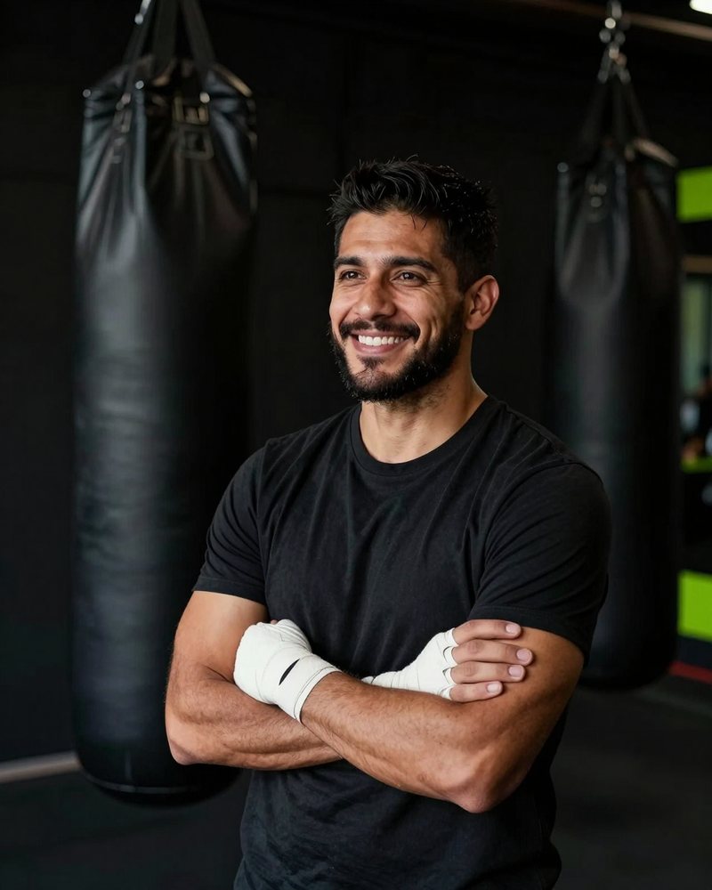 Portrait of Diego Navarro with hand wraps, heavy bags behind him