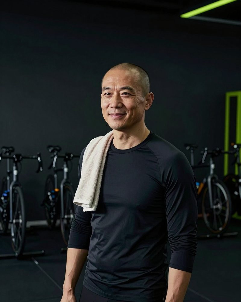 Portrait of Marcus Reed with a towel over one shoulder, studio bikes behind him