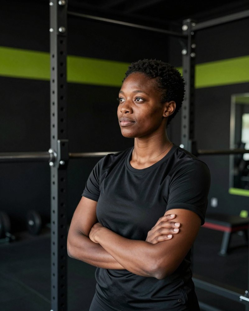 Portrait of Maya Okafor, arms crossed in front of a squat rack