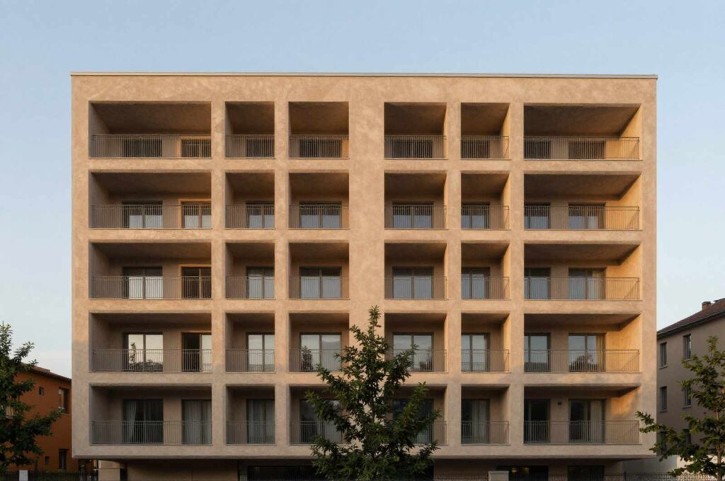 Modern apartment building with deep balconies