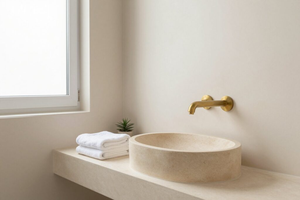Bright bathroom with a stone basin and a brass tap
