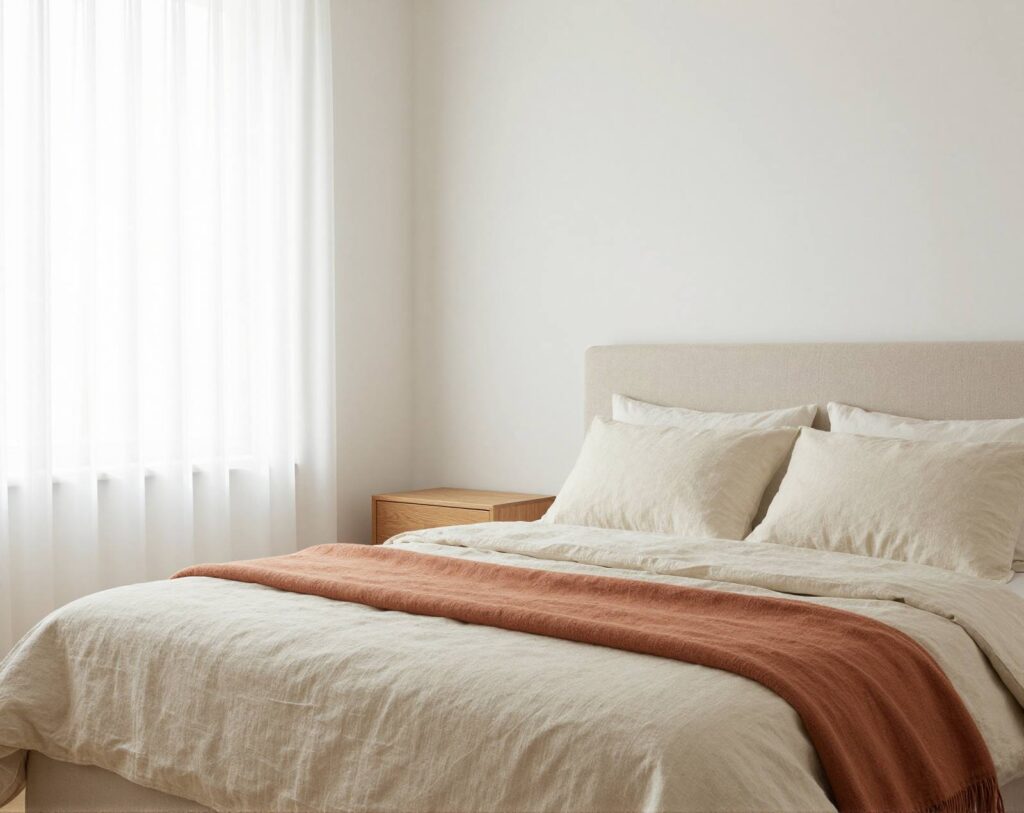 Bedroom with linen bedding and a terracotta throw