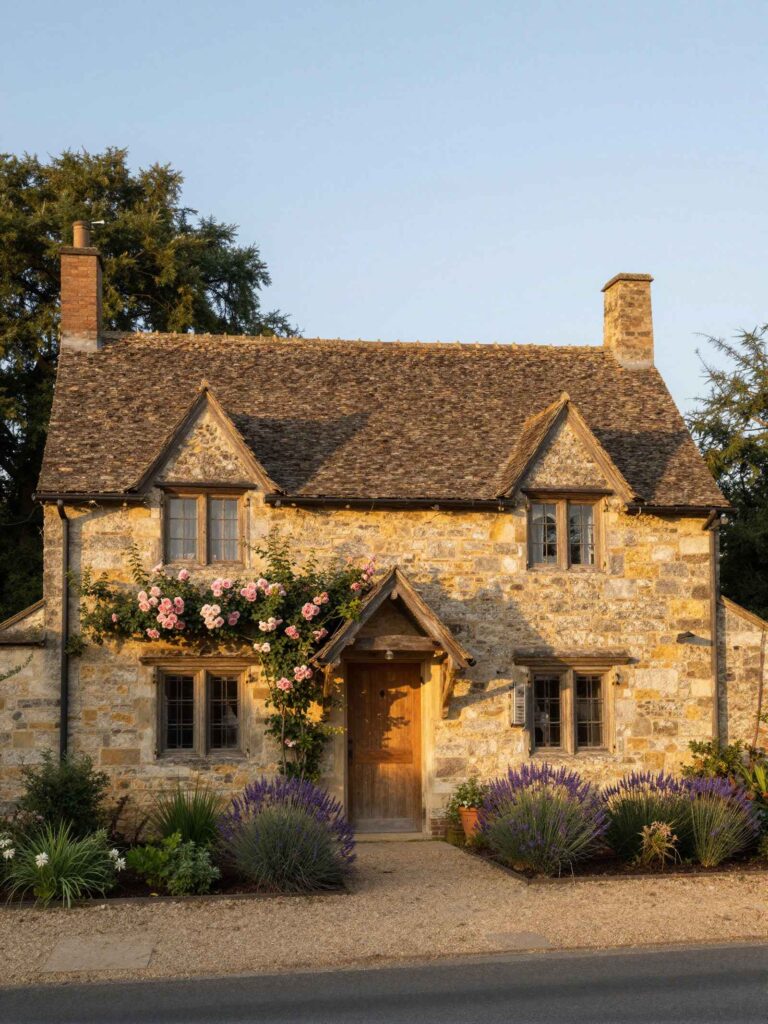 Stone cottage with climbing roses and a lavender garden