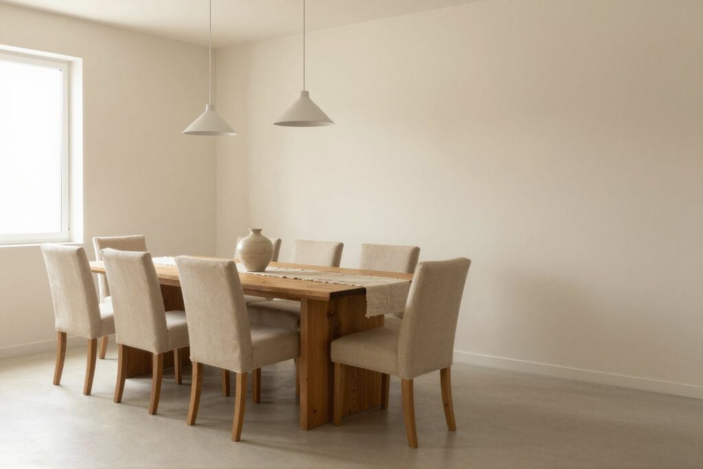 Dining room with an oak table and upholstered chairs
