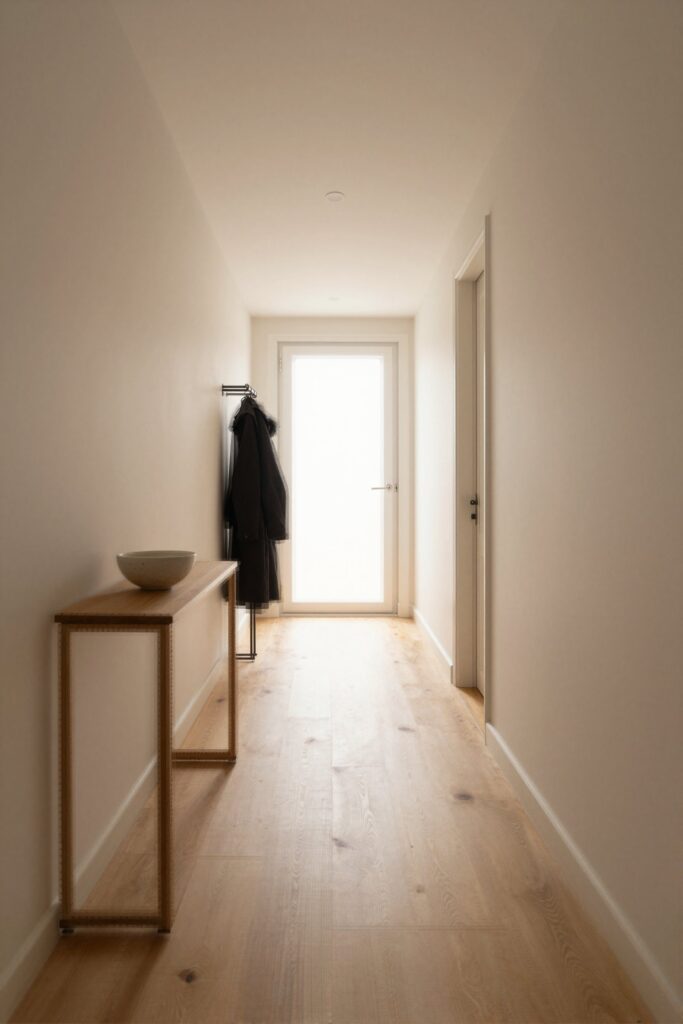 Long hallway with an oak floor and a console table