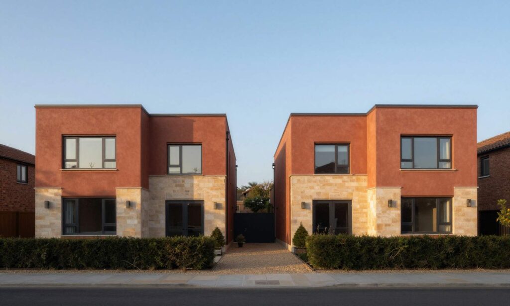 Modern twin houses with symmetrical design