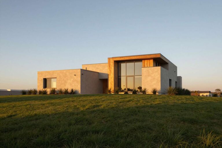 Modern house exterior at golden hour