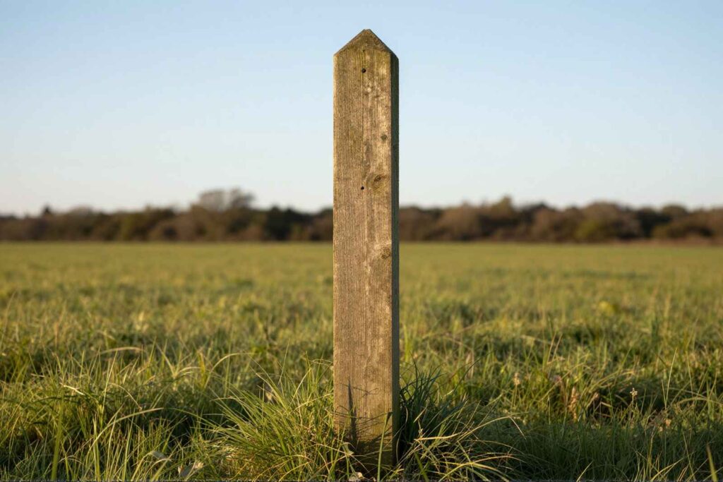 Timber boundary post in a grassy field